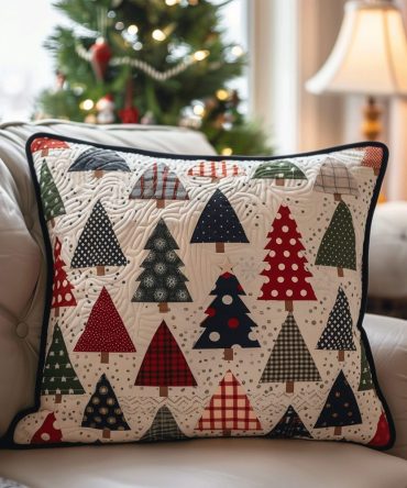 Holiday Tree Quilted Throw Pillow Cover - Decorative Christmas Pillowcase For Living Room, Couch & Bed , Soft Washable Seasonal Accent