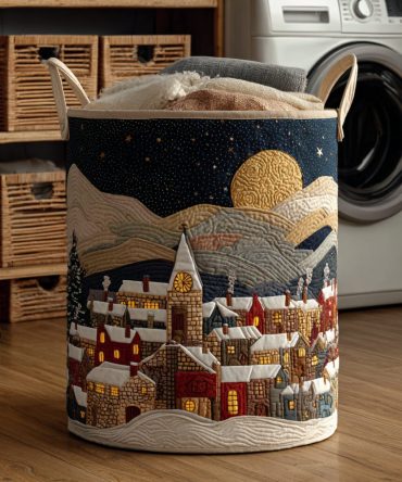 Christmas Village Quilted Laundry Hamper — Festive Holiday Storage Basket With Village Scene, Foldable Decorative Hamper & Easy-Carry Handles