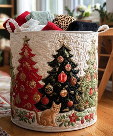 Christmas Whiskers Quilted Laundry Hamper – Charming Holiday Cat Print Fabric Basket With Handles, Collapsible & Giftable