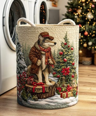 Christmas Wolf Call Quilted Holiday Laundry Hamper — Festive Wolf Design Foldable Fabric Basket For Seasonal Decor & Storage