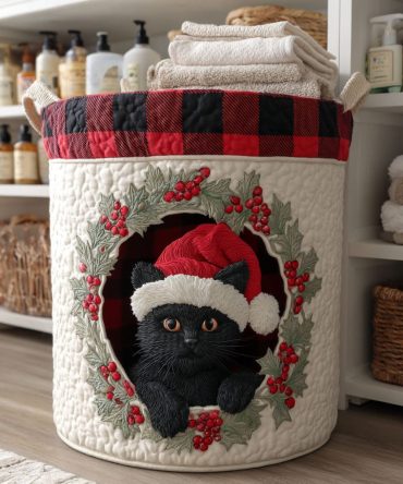 Holiday Quilted Laundry Hamper - Christmas Wreath Cat Motif, Collapsible Fabric Laundry Basket, Machine Washable & Festive Home Storage