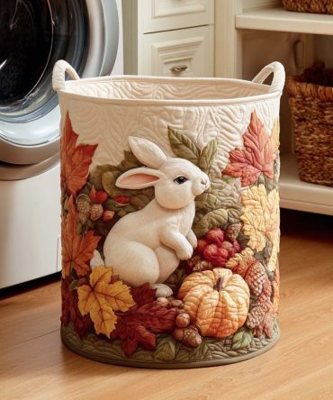 Cinnamon Bunny Quilted Laundry Hamper — Adorable Bunny Print Storage Basket, Soft Quilted Design, Foldable & Easy-Clean