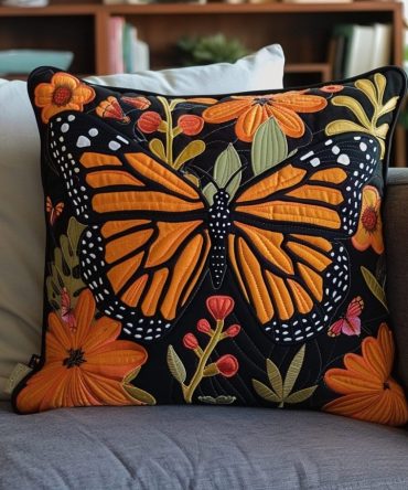 Citrus Glow Butterfly Quilted Pillowcase - Bright Orange & Yellow Accent Cover, Soft Texture For Fresh Modern Home Decor
