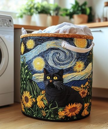 Clever Cat Quilted Foldable Laundry Hamper — Whimsical Cat Print Collapsible Basket, Lightweight Storage Solution With Handles