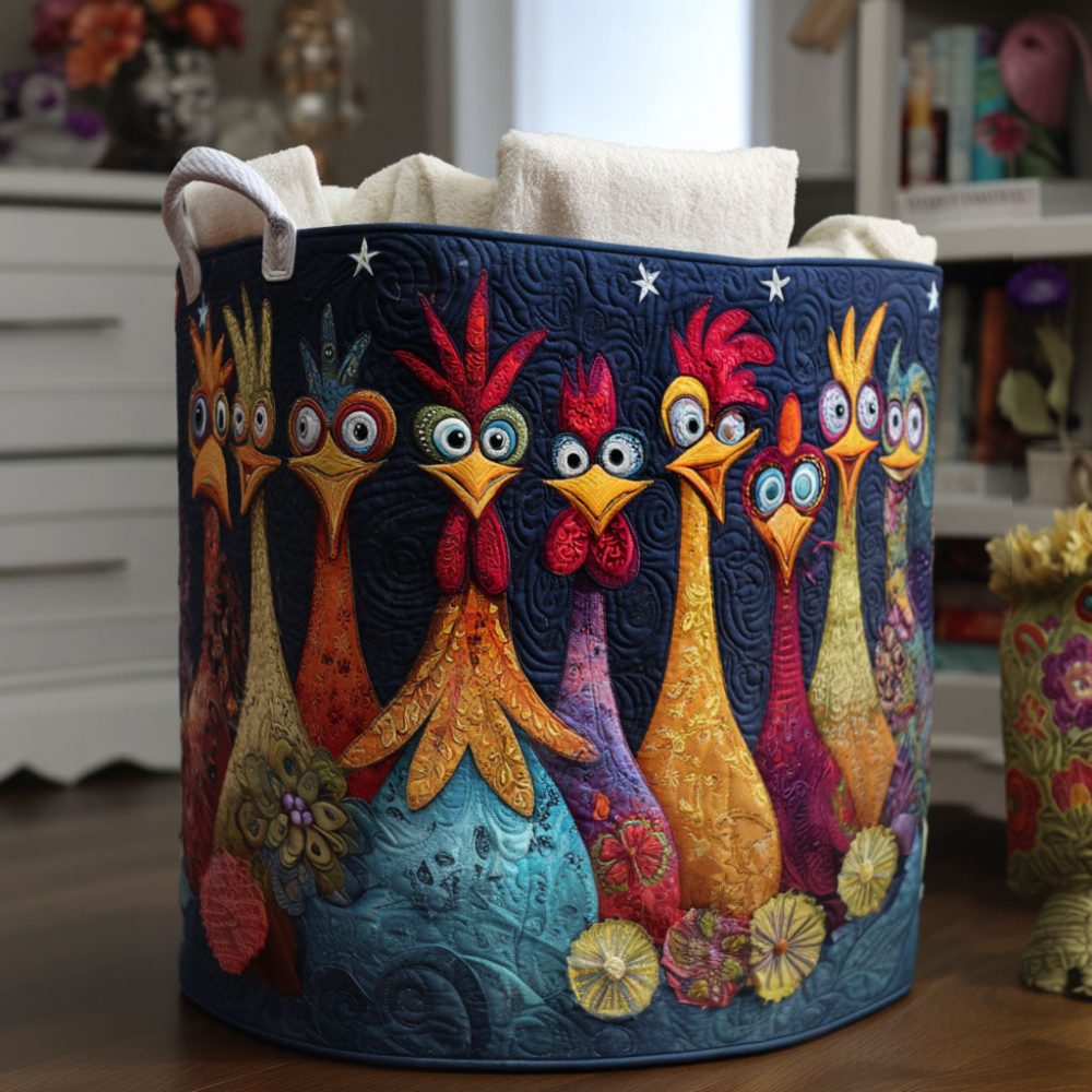 Cluckin Colors Quilted Fabric Laundry Hamper — Colorful Foldable Laundry Basket With Handles For Kitchen, Bedroom, Nursery