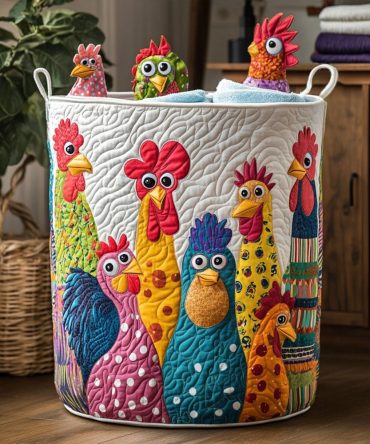 Cluckin' Cute Quilted Laundry Basket - Charming Chicken Fabric Hamper, Large Capacity, Foldable Fabric Hamper With Sturdy Handles & Easy-Care