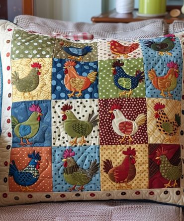 Premium Quilted Pillowcase With Charming Chicken Artwork - Farmhouse Decorative Pillow Cover, Soft Cotton Blend, Machine-Washable