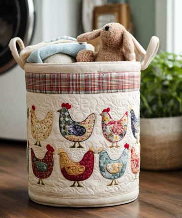Clucky Charm Quilted Laundry Hamper — Farmhouse Chicken Design, Durable Fabric Laundry Basket With Handles & Collapsible Storage For Home