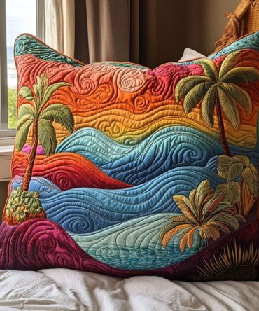 Coastal Breeze Quilted Pillow Cover, Sea-Inspired Stripes And Shells, Nautical Accent Sham For Beachy Decor, Cotton-Blend, Machine Washable