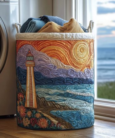 Nautical Coastal Beacon Quilted Laundry Hamper - Foldable Decorative Linen Basket With Reinforced Handles For Home Organization