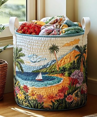 Coastal Breeze Quilted Laundry Hamper - Fresh Foldable Laundry Basket With Reinforced Handles, Breathable Beach-Inspired Storage For Home