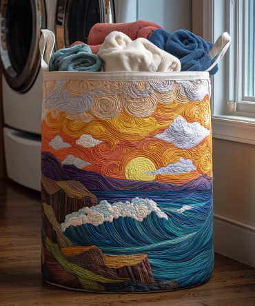 Coastal Breeze Quilted Laundry Hamper — Light Blue Quilted Fabric Laundry Basket, Collapsible & Machine-Friendly With Handles