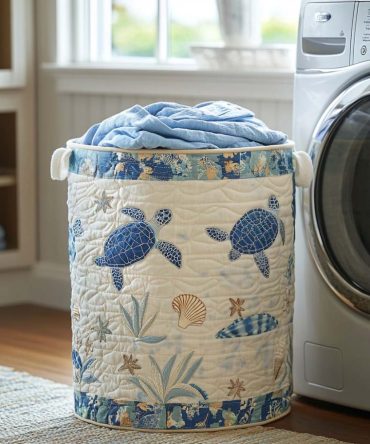 Coastal-Inspired Quilted Fabric Laundry Hamper — Large Decorative Beachy Laundry Basket With Padded Handles For Bedroom & Bathroom