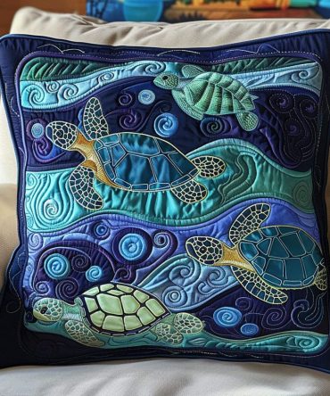 Coastal Quilted Pillow Cover With Sea Turtle Motif - Calm Beach House Decorative Throw Pillowcase For Sofa, Patio & Bedroom