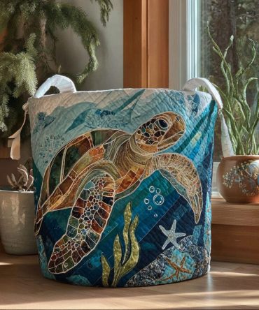 Coastal Calm Turtle Quilted Laundry Basket — Foldable Large Fabric Hamper With Sea Turtle Design, Durable Bedroom & Bathroom Organizer