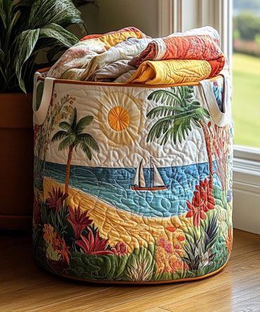 Coastal Charm Quilted Laundry Hamper - Elegant Foldable Laundry Basket With Reinforced Handles, Seaside Pattern For Home Organization