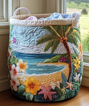 Coastal Charm Quilted Laundry Hamper — Large Nautical Fabric Basket, Collapsible & Washable Home Laundry Storage