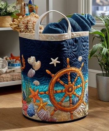 Coastal Compass Quilted Laundry Hamper — Patterned Nautical Fabric Basket With Handles, Collapsible Organizer For Stylish Home Storage