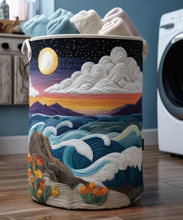 Coastal Dreams Quilted Laundry Hamper — Ocean-Inspired Quilted Fabric Laundry Basket, Large, Collapsible & Washable