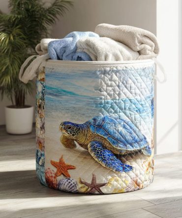 Coastal Drift Quilted Laundry Hamper - Large Foldable Coastal Blue Storage Basket, Durable Cotton-Linen Fabric, Home & Bath Organizer