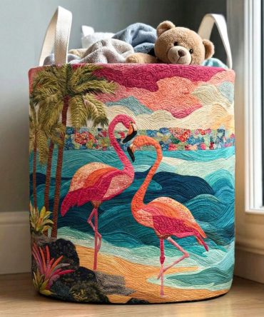 Coastal Flamingo Quilted Laundry Hamper – Beach-Themed Flamingo Print, Large Collapsible Fabric Basket With Reinforced Handles