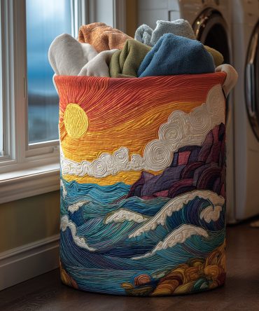 Coastal Glow Quilted Foldable Laundry Hamper — Seaside Inspired Decorative Basket, Durable & Spacious For Beachy Interiors