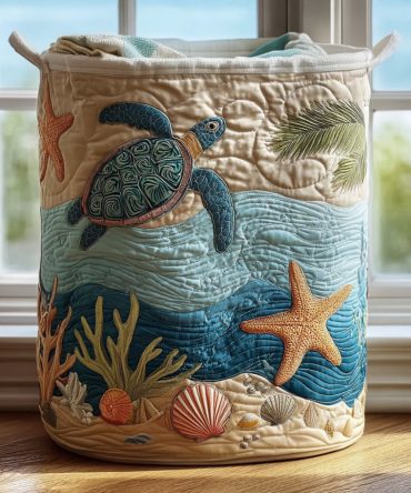 Coastal Harmony Quilted Laundry Hamper – Seaside-Inspired Foldable Fabric Basket For Beachy Bedroom & Bathroom Storage