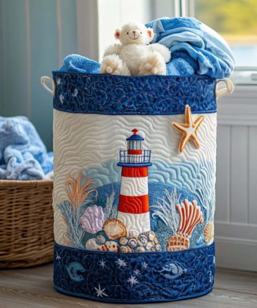 Coastal Light Breeze Quilted Laundry Hamper — Airy Foldable Laundry Storage Basket With Handles, Durable Cotton Washable Laundry Bin