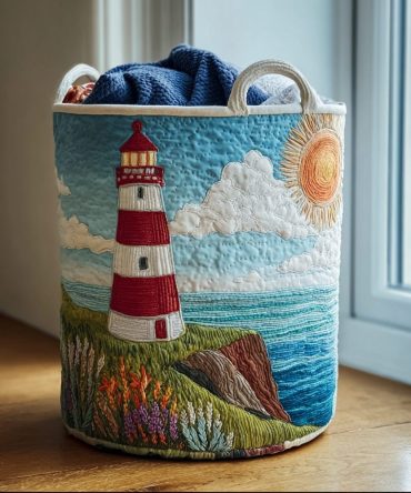 Coastal Lighthouse Quilted Storage Hamper — Durable Seaside Laundry Basket With Soft Quilting, Reinforced Handles & Collapsible Design