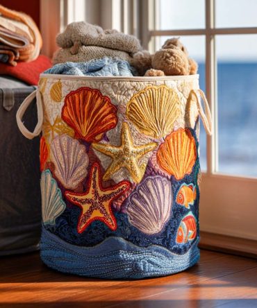 Coastal Shell Vibe Quilted Fabric Hamper – Decorative Laundry Basket, Collapsible & Machine-Washable With Strong Handles For Bathroom Or Nursery