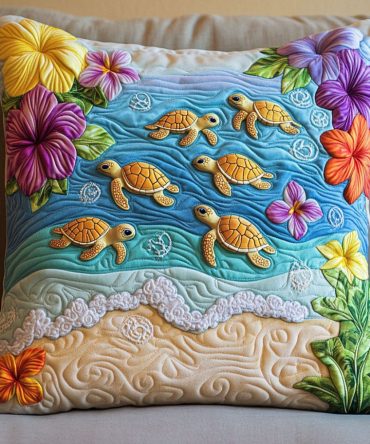 Coastal Turtle Parade Quilted Pillow Case — Playful Sea Turtle Design Decorative Cover, Soft Cotton-Blend, Machine Washable & Hypoallergenic