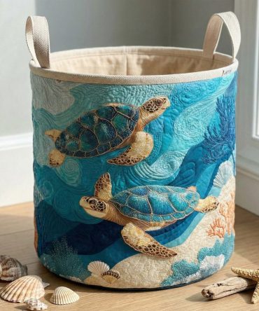 Coastal Wave Harmony Quilted Laundry Hamper – Large Wave Pattern Fabric Basket, Foldable Laundry Bin With Reinforced Carry Handles