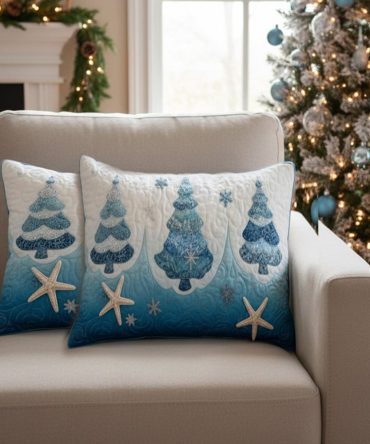 Coastal Yuletide Quilted Pillow Cover — Nautical Holiday Throw Pillowcase, Sand & Sea Tones, Durable Cotton, Machine Wash