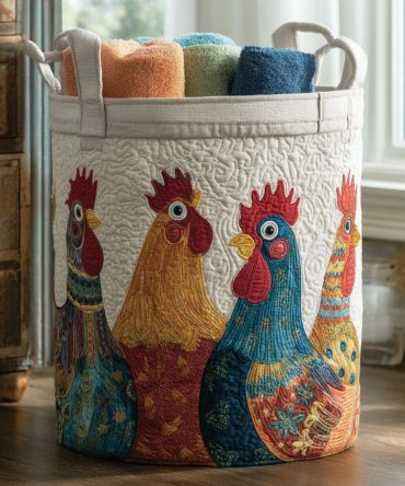 Cock-A-Doodle Crew Quilted Laundry Hamper — Playful Rooster Fabric Storage Basket With Handles, Foldable For Easy Stowing