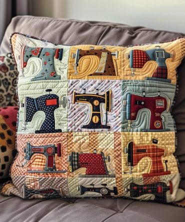 Collector Edition Sewing Machine Quilted Throw Pillow Cover — Display-Ready Vintage Décor, Premium Quilted Home Accent