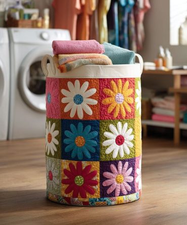 Color Pop Daisies Quilted Foldable Laundry Hamper — Vibrant Floral Decorative Laundry Basket, Lightweight & Machine Washable