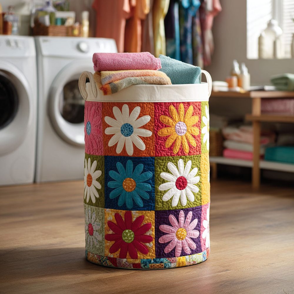 Color Pop Daisies Quilted Foldable Laundry Hamper — Vibrant Floral Decorative Laundry Basket, Lightweight & Machine Washable