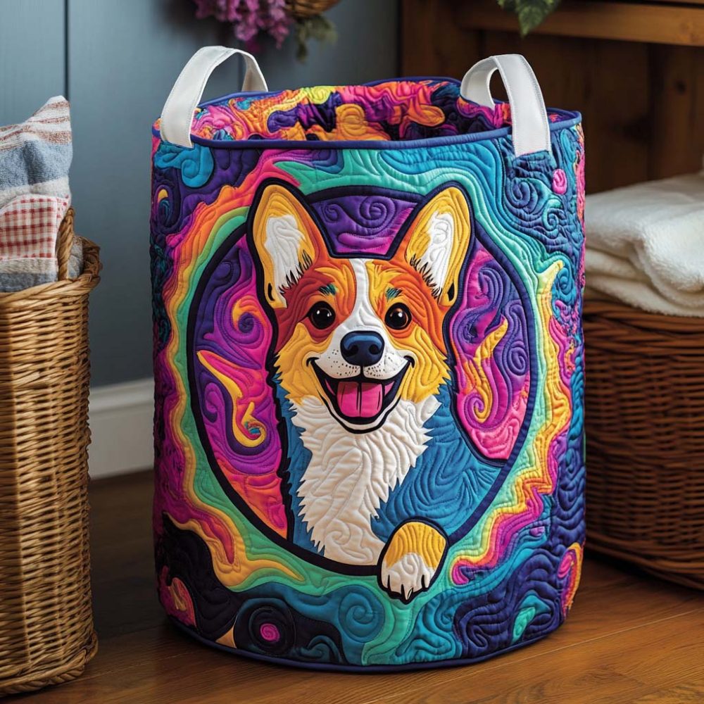 Color Splash Corgi Quilted Laundry Hamper – Spacious Foldable Fabric Laundry Basket With Durable Handles, Vibrant Multicolor Dog Print Organizer