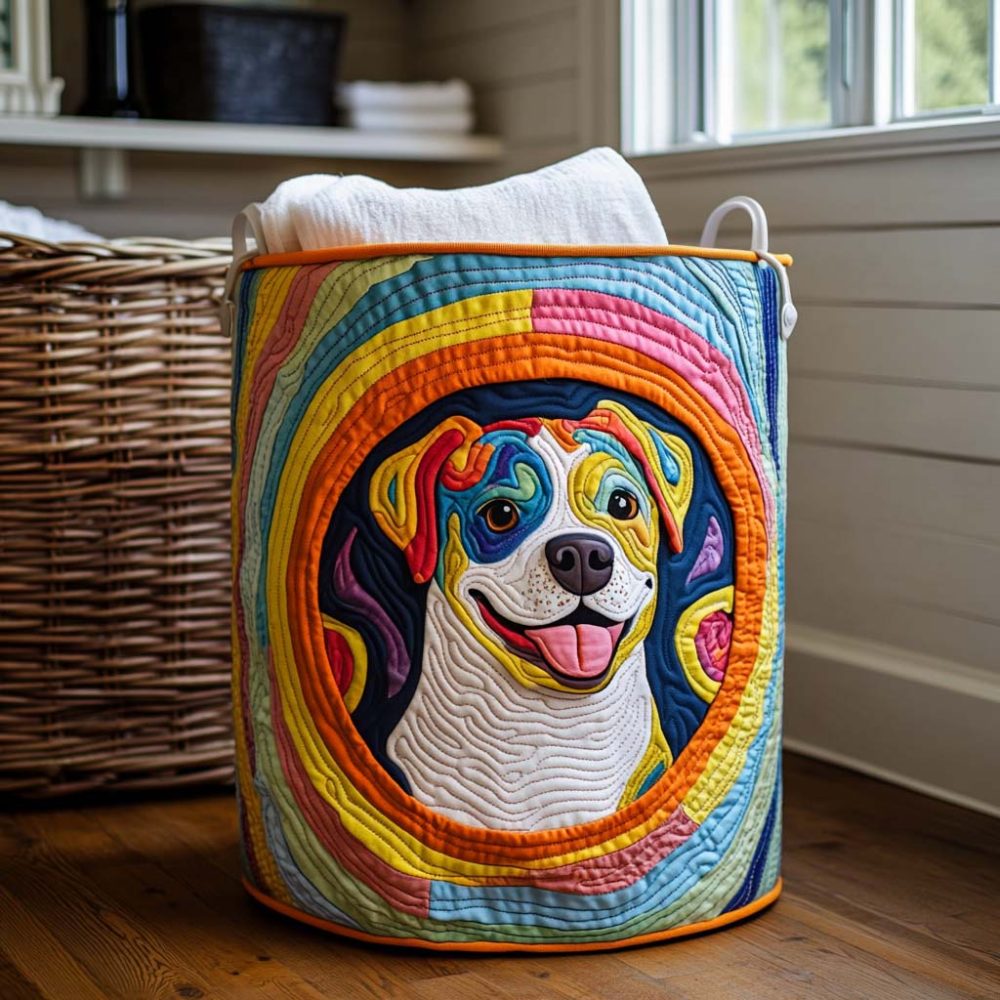 Color Splash Pitbull Quilted Laundry Hamper — Bold Pitbull Print, Heavy-Duty Quilted Canvas Basket With Handles