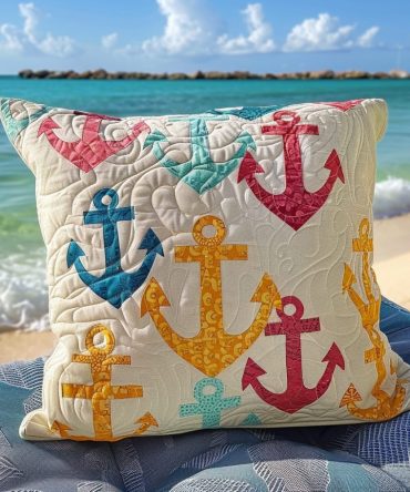 Multicolor Anchor Quilted Pillow Cover — Bright Nautical Throw Accent, Vibrant Coastal Decor, Machine Washable