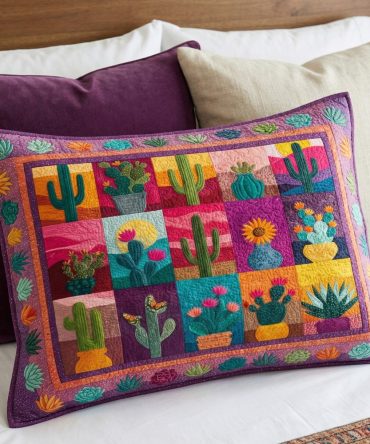 Colorful Cactus Garden Quilted Pillow Cover – Southwestern Succulent Print Decorative Pillowcase, Durable Cotton, Washable