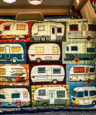 Colorful Caravans Quilted Pillowcase - Bright Retro Camper Design, Soft Quilting For Boho, Coastal & Travel-Inspired Interior Accents