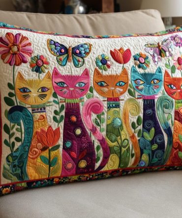 Colorful Cats Quilted Pillow Cover — Vibrant Multi-Color Cat Print Throw Pillow Case For Playful Living Room, Kids’ Spaces & Pet Lovers