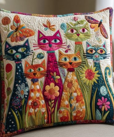Playful Colorful Cats Quilted Throw Pillow Cover — Vibrant Feline Decorative Cushion Case For Living Room & Kids' Spaces