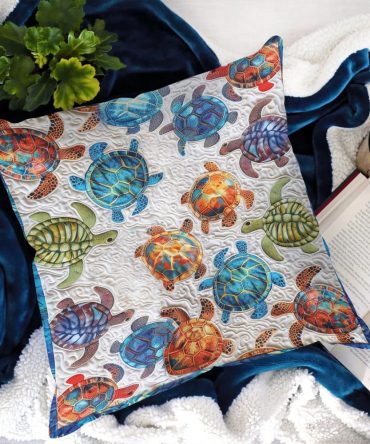 Vibrant Coastal Sea Turtle Quilted Decorative Pillow Cover — Colorful Ocean Throw Pillowcase For Sofa & Bed