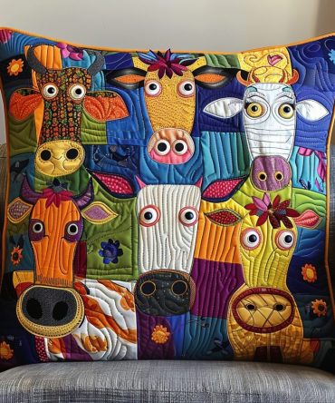 Whimsical Colorful Cow Quilted Pillow Cover — Soft Cotton Accent Throw Pillowcase For Farmhouse, Nursery & Sofa