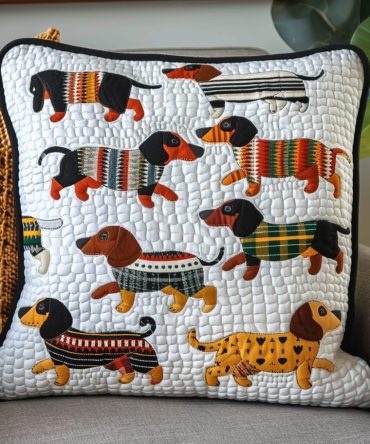 Bright Colorful Dachies Quilted Pillow Cover — Playful Multi-Color Dachshund Print Throw Pillowcase, Soft Cotton-Blend Accent For Modern Home Decor