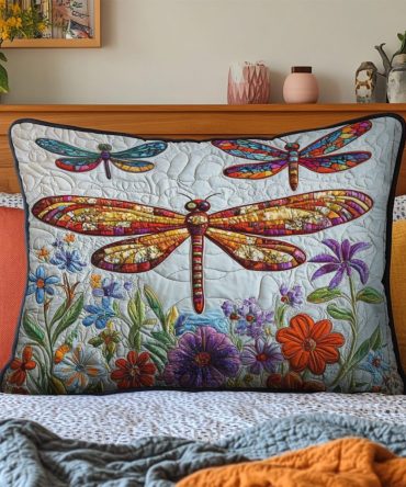 Colorful Dragonfly Quilted Pillow Cover — Vibrant Insect Print Sham, Lively Accent, Soft Quilted Texture, Fade-Resistant Decorative Cover