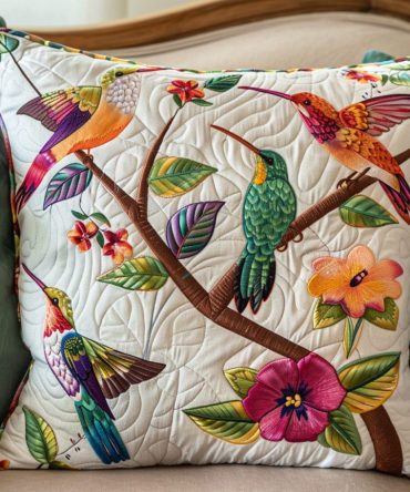 Bright Colorful Hummingbirds Quilted Pillow Cover – Vibrant Floral Throw Pillowcase, Eye-Catching Accent For Sofa, Bedroom & Patio Seating
