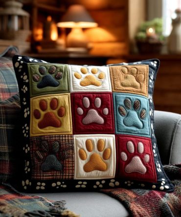Colorful Patchwork Paw Quilted Pillow Cover — Playful Pet-Themed Throw Pillowcase, Vibrant Cotton Print, Durable, Machine Washable